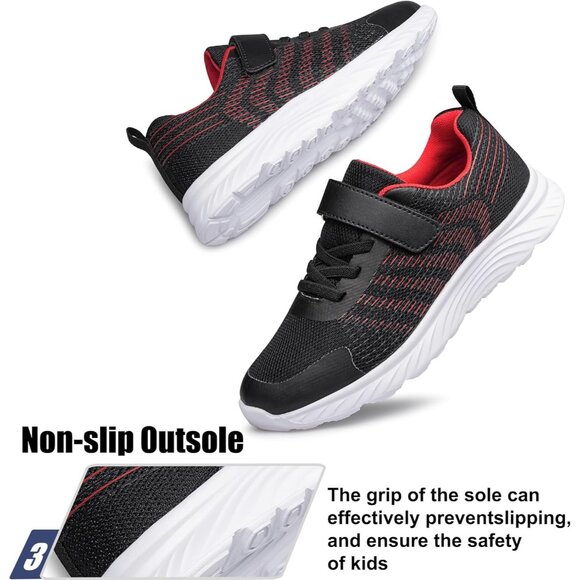 Kids Black Red Lightweight Breathable Athletic Running Tennis Fitness Sneakers - Picture 5 of 6